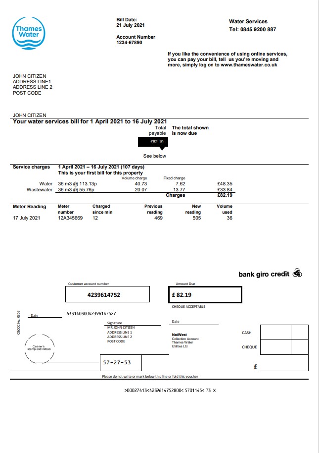United Kingdom Thames Water utility bill template in Word and PDF format